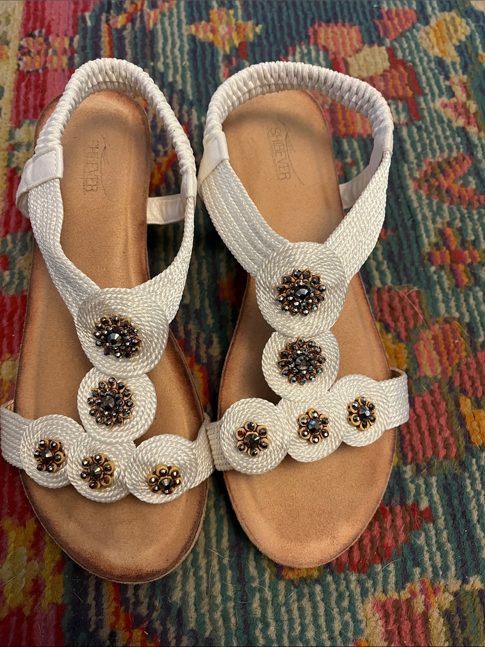 White Beaded Slingback Sandals with Gem Accents